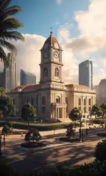 a building with a clock tower stands in the center of a tropical city