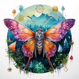 a colorful, painted butterfly sitting on a white background