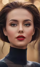 a woman with red lipstick wearing a black shirt