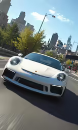 white sports car driving down the street of a city