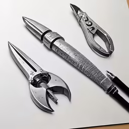 three wrenches and two knives laying on top of paper