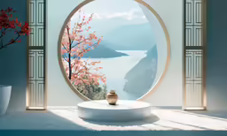 a vase on a table with a view of the sea
