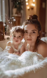 mother and her daughter cuddling in a bed