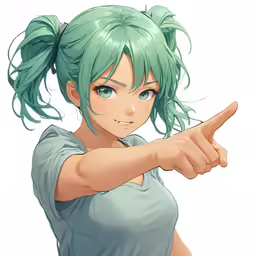 the anime character with green hair pointing