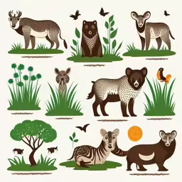 a drawing of various animal species in various poses,some cute animals are standing around in the wild,an animal collection showing different type of animals,a series of animal illustrations showing various species of animals,animals are depicted with wildflowers, grass and trees