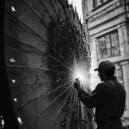 a man fixing a metal grille with safety equipment