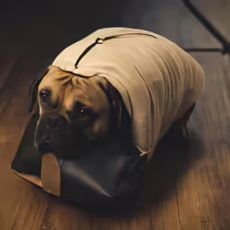 a bulldog sitting in a bag on the ground