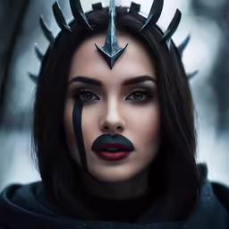 a woman with dark makeup and horns