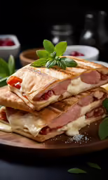 two sandwiches stacked on top of each other with sauces