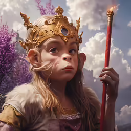 a little girl with blonde hair and a crown holds a fire stick