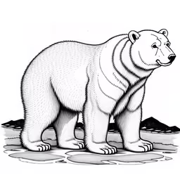 a drawing of a bear on a rocky bank,there is a black and white drawing of a polar bear,a polar bear on ice with mountains in the background,a white polar bear standing on ice in a frozen puddle,a bear in a black and white outline