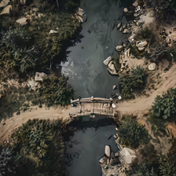 an aerial view of a river with wooden walkway
