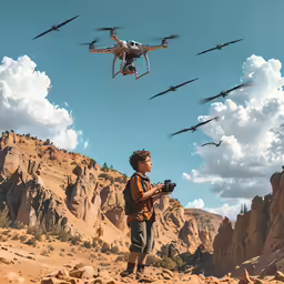 a boy is standing on top of a rock and looking at a large plane flying over him