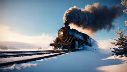 steam engine train moving down the tracks in the snow,a train emits out of the cloud as it passes through snow covered ground