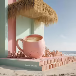 there is a coffee mug on a piece of cardboard next to a building