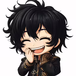 an anime character is smiling and touching his cheek