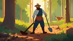 the adventures of robindale - part 1,a man with two shovels and a rooster walking in the woods