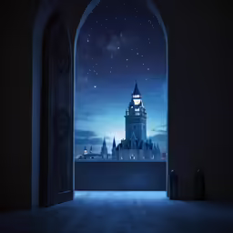 an open doorway has the window view of a city at night