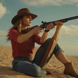 a woman is aiming a gun at something