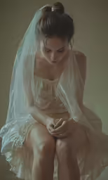 a woman sitting down in a dress with a veil over her head