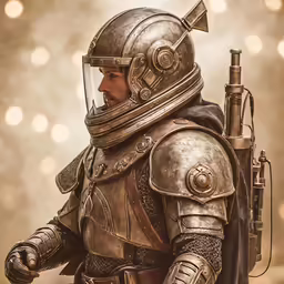 a man in a knight outfit and helmet standing next to an object