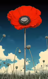 the red flower is growing tall and has three petals