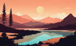 painting of sunset over water with mountains and pine trees,a painting of the sun setting in the mountains