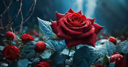 an artistic photograph of a red rose surrounded by foliage