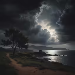 trees and rocks line the shore while the dark clouds gather overhead