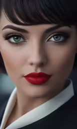 a woman with dark hair, dressed in black and white with red lips and a blazer