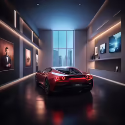 the concept sports car in a dimly lit garage
