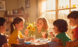 a family having dinner and talking at the table