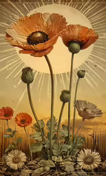 poppies on the prairie in front of an abstract sunset