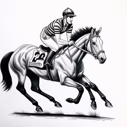 a drawing of a horse jockey on a racing horse,a person on a horse racing the field