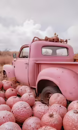 an old pink truck is surrounded by small pumpkins
