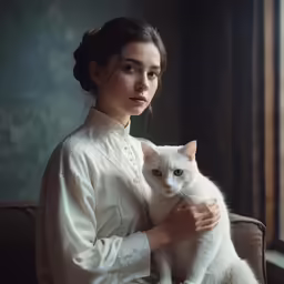 the woman in white shirt is holding her cat