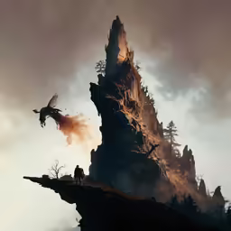 a bird flying near a mountain top in the middle of a cloudy sky