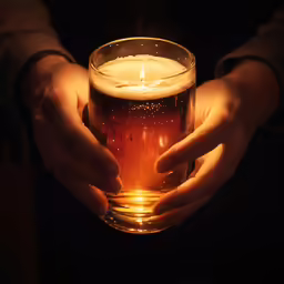a person holds up a beer mug with a candle on it