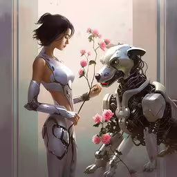 the lady in the robot suit is giving a rose to the dog,a woman touching a robot dog with roses in its mouth