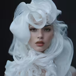 a woman with white hair and a scarf around her head