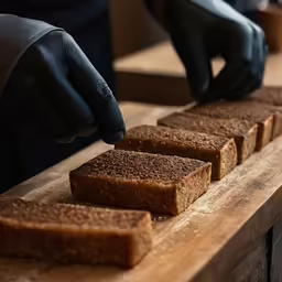 fingers that are touching the bottom of some bread