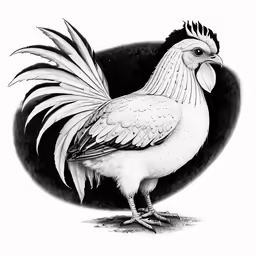 a black and white rooster standing in front of a circle