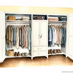 a painting of a closet with a white cabinet and a wooden floor
