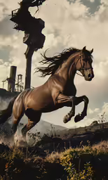 a brown horse is galloping through an arid area