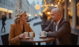 two people sit at a table and talk