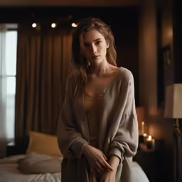 a woman sitting on a bed wearing a robe