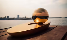 a glass ball is on a gold plate near a body of water