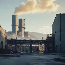 smoke stacks in an industrial area and people are walking on the street below