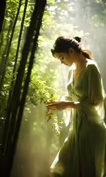 a lady in green dress in forest holding leaves
