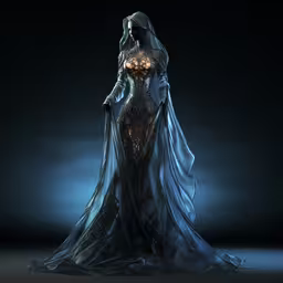 a woman in an abstract dress standing on dark background,a female with long hair in blue dress